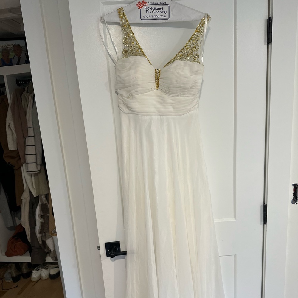 Formal/Prom Gold Beaded White Dress